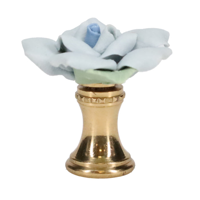 1-1/4" Tall Brass Finial, Ceramic Light Blue Rose, 1-3/8" Wide, 1/4-27F Tap (15219LB)