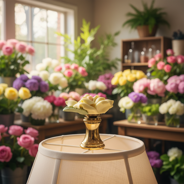 1-1/4" Tall Brass Finial, Ceramic Off White Rose, 1-3/8" Wide, 1/4-27F Tap (15219)