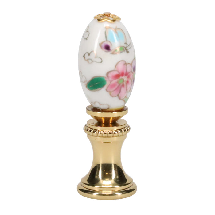 1-7/8" Tall Brass Finial, Porcelain Egg with Butterflies & Flowers Hand Painted, 1/4-27F Tap (15233)