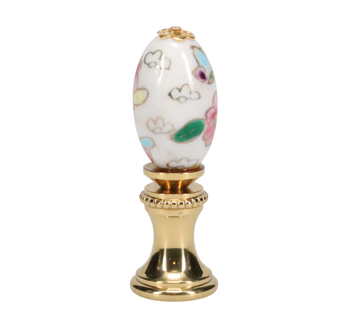1-7/8" Tall Brass Finial, Porcelain Egg with Butterflies & Flowers Hand Painted, 1/4-27F Tap (15233)