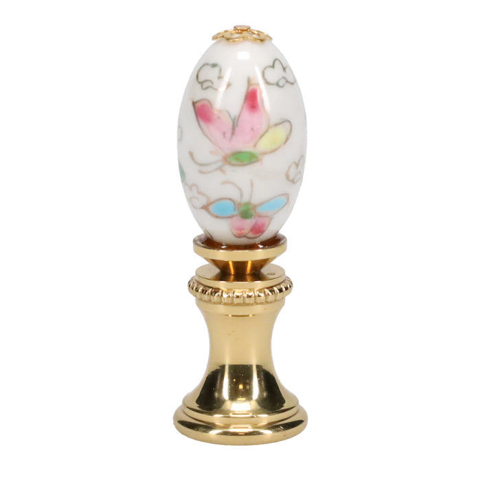 1-7/8" Tall Brass Finial, Porcelain Egg with Butterflies & Flowers Hand Painted, 1/4-27F Tap (15233)