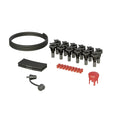 12-cell battery watering system kit with tubing, valves, caps, and connectors on white background