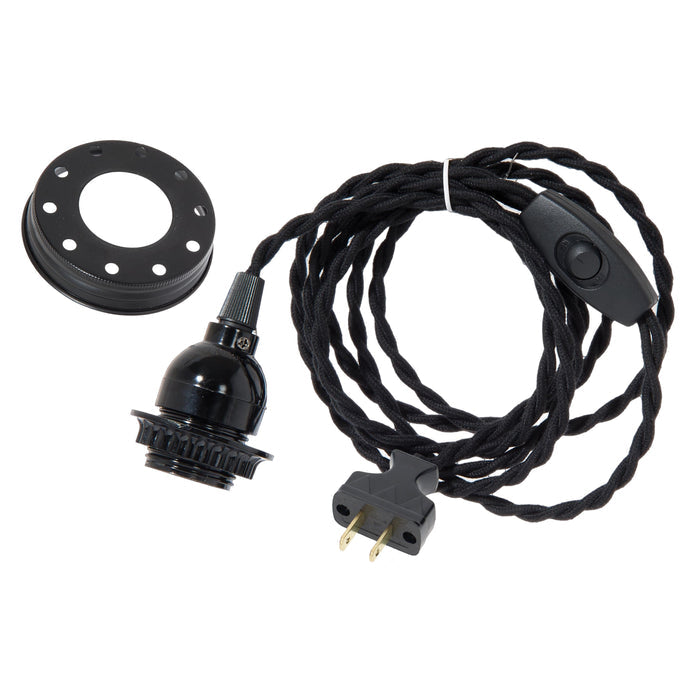 15 Ft Long Twisted Fabric Cord, Black Mason Jar Top Swag Lamp Mounting Kit (30561)