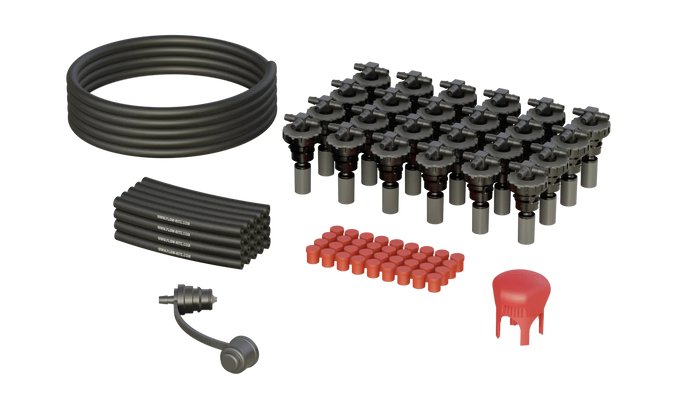 18-cell battery watering system kit with tubing, valves, and caps for industrial use