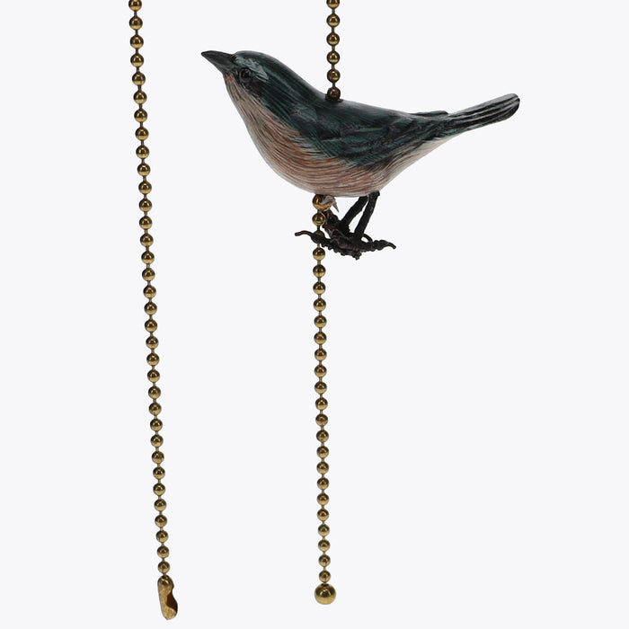 18" Length Brass Plated Pull Chain Tan, Blue, Grey Wooden Bird (15020)