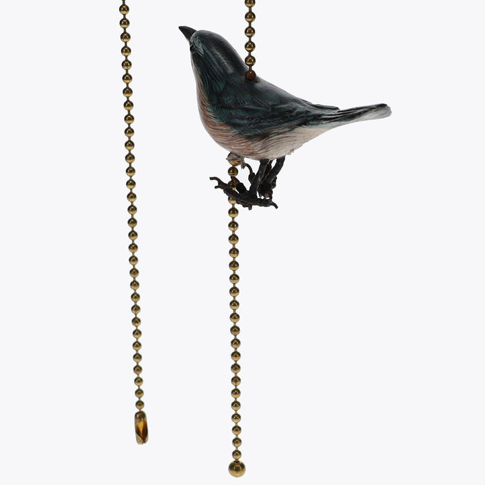 18" Length Brass Plated Pull Chain Tan, Blue, Grey Wooden Bird (15020)