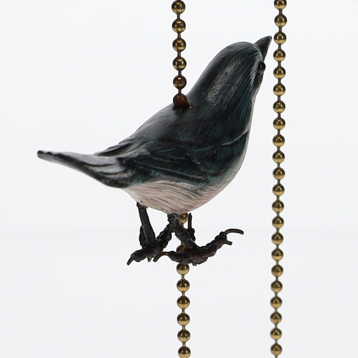 18" Length Brass Plated Pull Chain Tan, Blue, Grey Wooden Bird (15020)