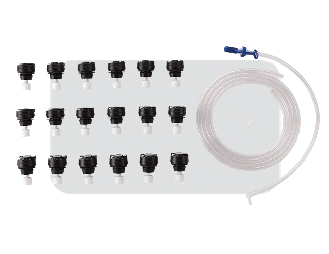 golf battery watering system kit with tubing and black caps arranged on white background