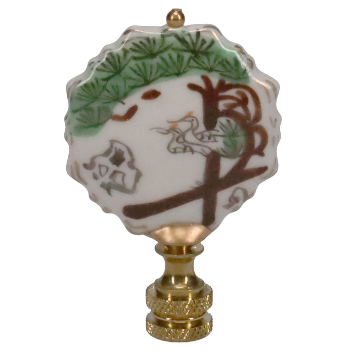 2-3/4" Tall Brass Finial, Painted Porcelain Crane & Pine Tree, 1/4-27F Tap (15150)