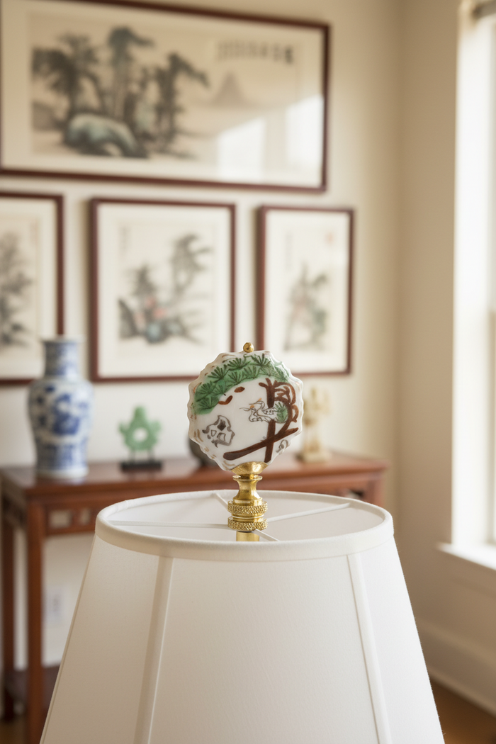 2-3/4" Tall Brass Finial, Painted Porcelain Crane & Pine Tree, 1/4-27F Tap (15150)