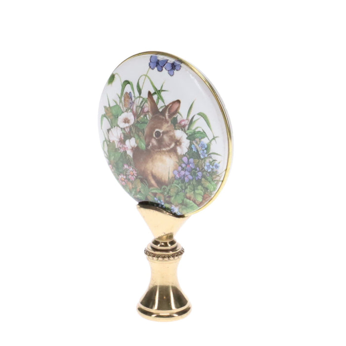 2-7/8" Tall Brass Finial, Picture of Rabbit, Flowers, Butterflies, Ceramic, 1/4-27F Tap (15141)