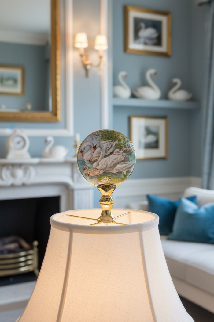 2-7/8" Tall Brass Finial, Picture of Swans, Ceramic, 1/4-27F Tap (15135)