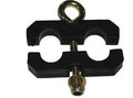 Black two-hole plastic cable suspender with metal screw and eye bolt for power cables