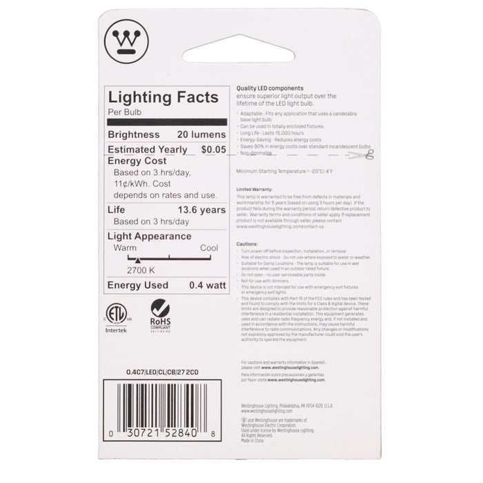 2-Pack E12 Base LED Light Bulbs, 0.4 Watt, 4 Watt Equivalent (47300)