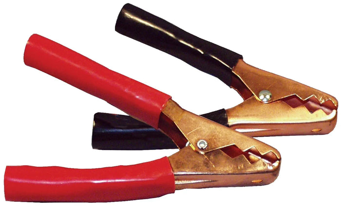 Pair of 200 amp alligator clamps with copper jaws, one with red handle, one with black handle