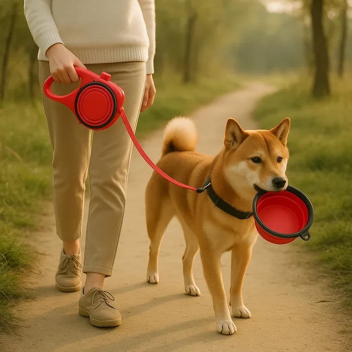 3-in-1 Dog Leash with Built-In Water Bottle, Bowl & Waste Bag Dispenser | Portable Travel Design