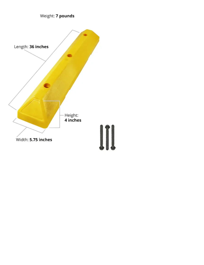 Yellow recycled plastic parking block with hardware, 36 inch length, 4 inch height, 5.75 inch width.