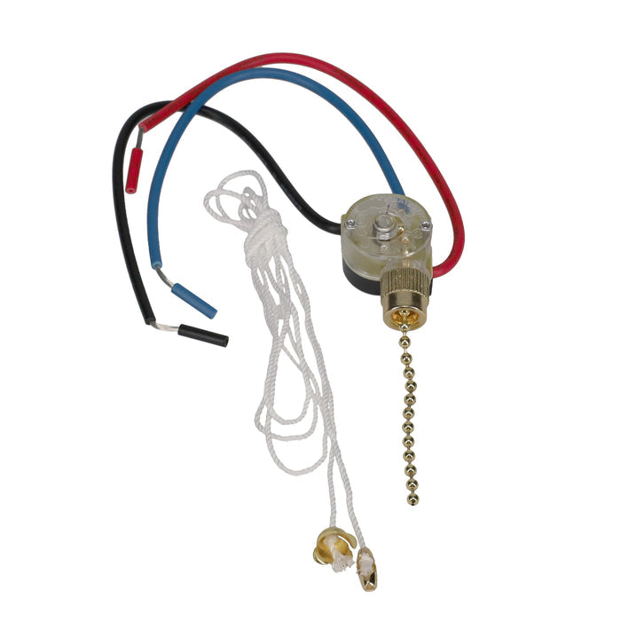 3-Way Brass Ceiling Fan Pull Switch, Brass, 36" Long String & Bell (40413)