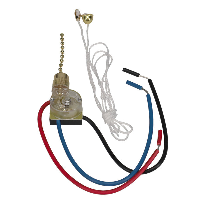 3-Way Brass Ceiling Fan Pull Switch, Brass, 36" Long String & Bell (40413)