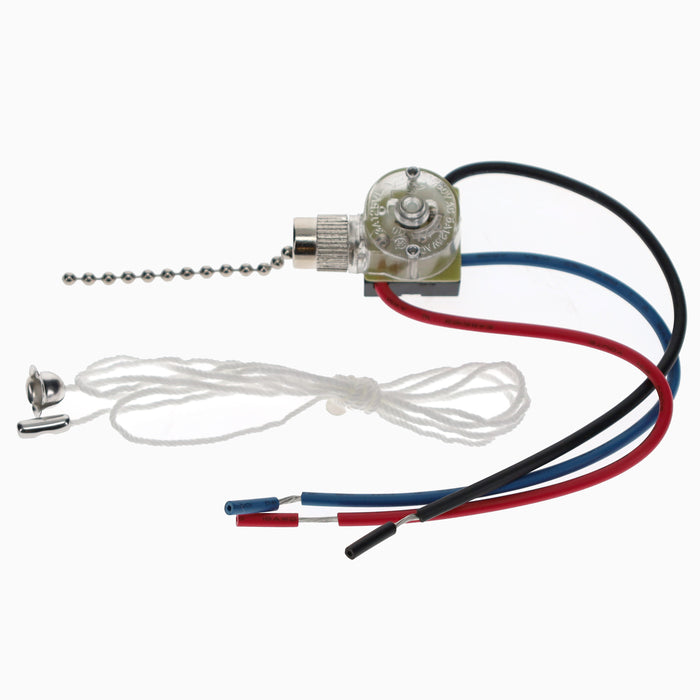 3-Way Brass Ceiling Fan Pull Switch, Nickel, 36" Long String & Bell (40413N)