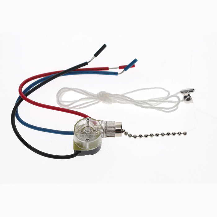 3-Way Brass Ceiling Fan Pull Switch, Nickel, 36" Long String & Bell (40413N)