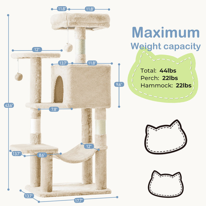 44-Inch Multi-Cat Tree Tower with Condo, Hammock & Sisal Scratching Posts