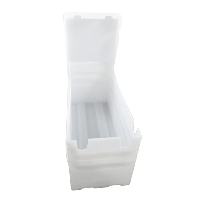 Heavy duty white plastic 4D battery box with open lid, ribbed interior, industrial use