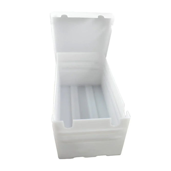 Heavy-duty 4D battery box with open lid, durable white plastic construction
