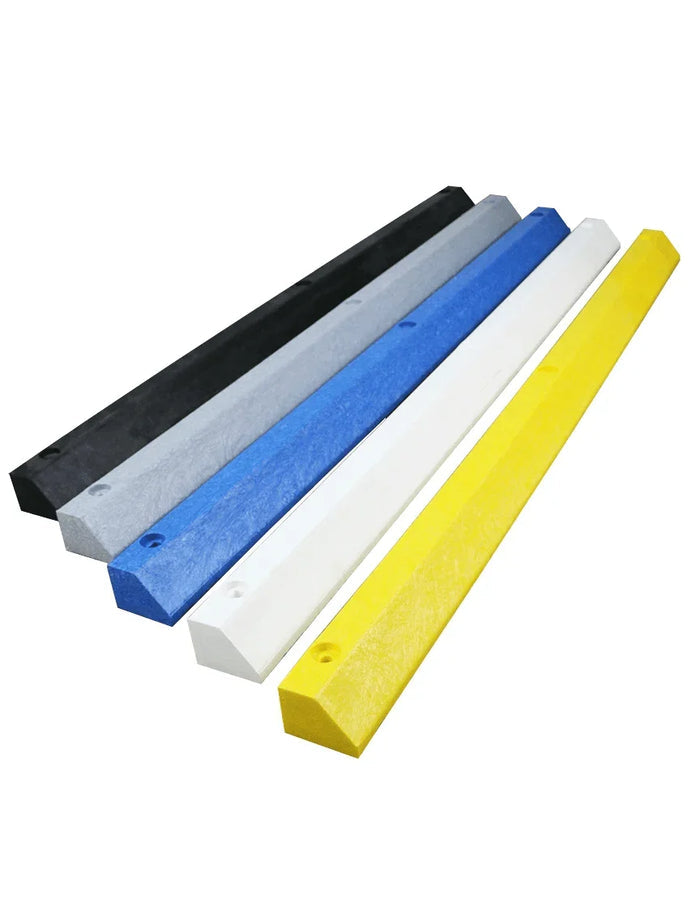 Economy solid plastic parking blocks in black, gray, blue, white, and yellow