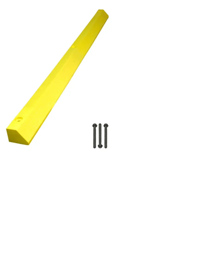 Yellow solid plastic parking block with mounting hardware on white background