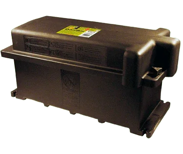 Heavy-duty commercial battery box with secure locking lid and instructional labels