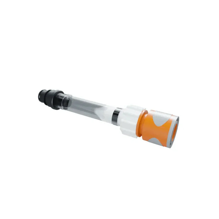 Water supply adapter with orange and white fittings for battery watering systems