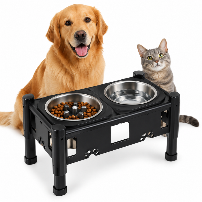 Adjustable Elevated Dog Bowls with Slow Feeder & Non-Slip Stand for Dogs & Cats