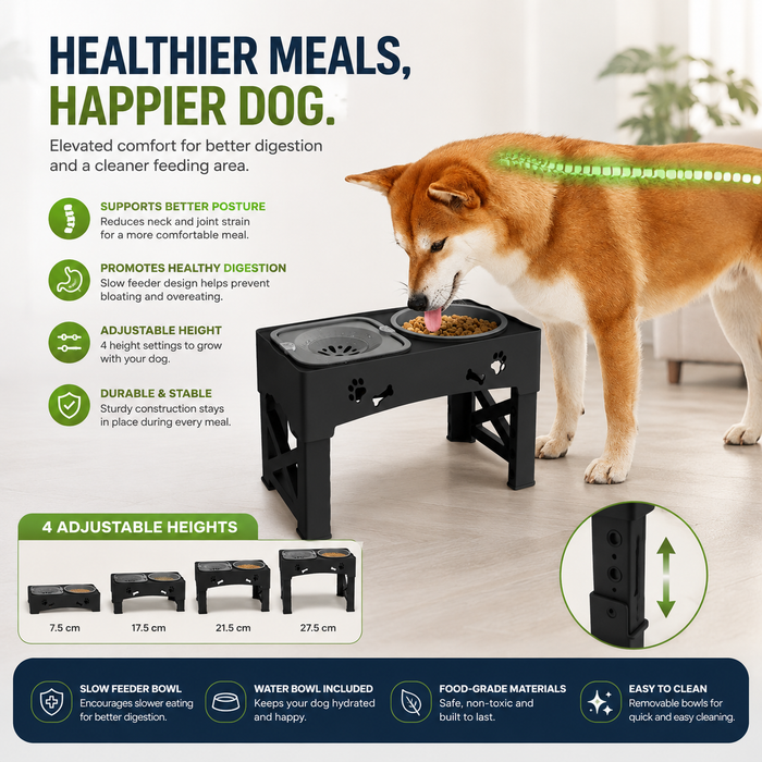 Adjustable Raised Dog Slow Feeder Bowl Stand | Elevated Pet Feeding Station