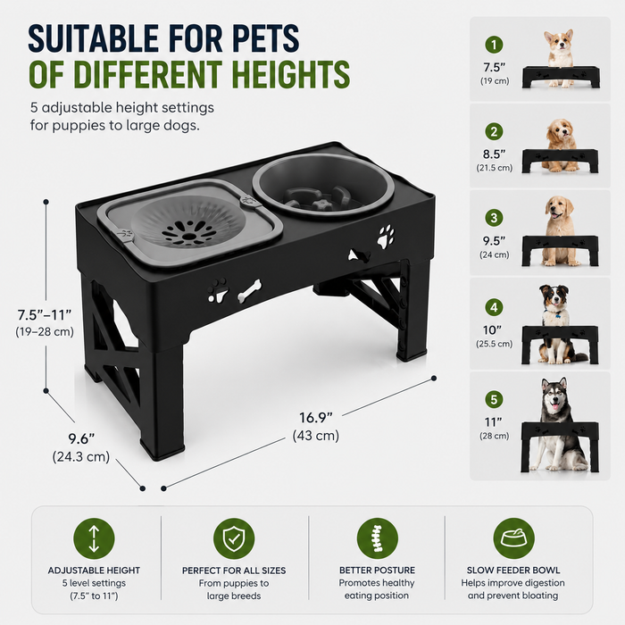 Adjustable Raised Dog Slow Feeder Bowl Stand | Elevated Pet Feeding Station