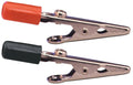 Pair of alligator clips with red and black insulated banana plug covers