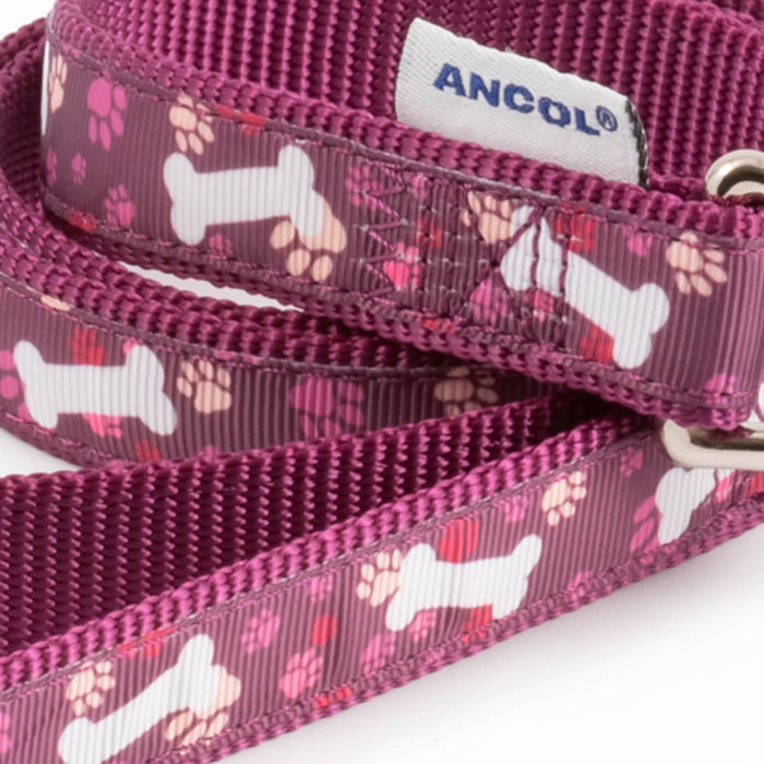 Ancol | Nylon Dog Clip Lead | Reflective Bone Pattern - Purple