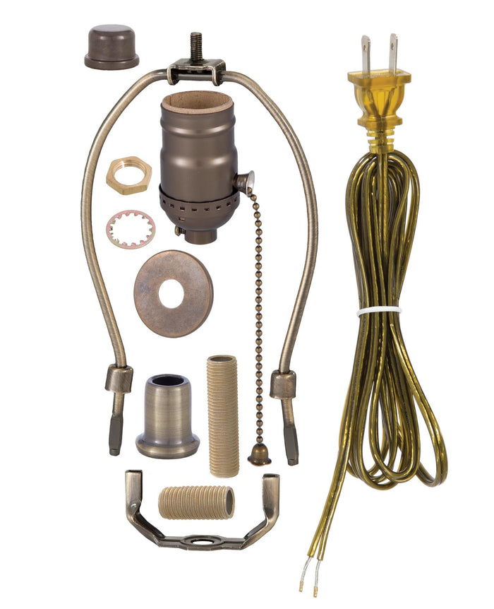 Antique Brass Finish Table Lamp Wiring Kit w/ Pull Chain Socket, Choice of Harp Size
