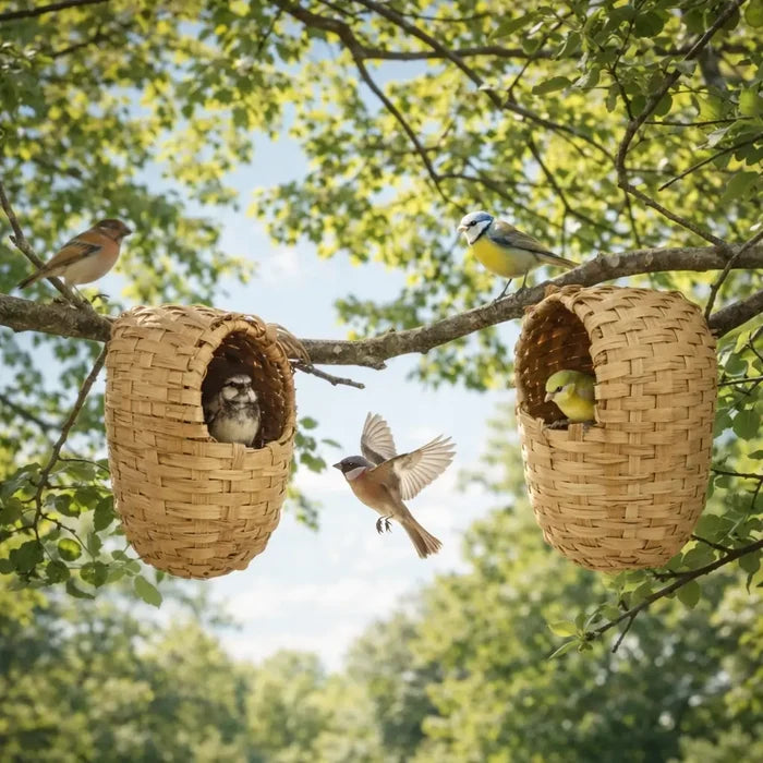 Bamboo Birdhouse for Outdoor Garden – Hanging Bird Nest Basket with Hook