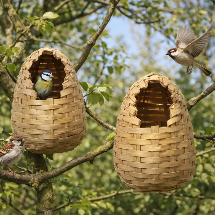 Bamboo Birdhouse for Outdoor Garden – Hanging Bird Nest Basket with Hook