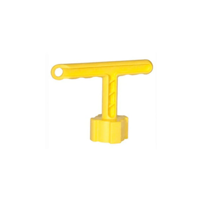 Yellow plastic battery cap removal tool with T-shaped handle on white background