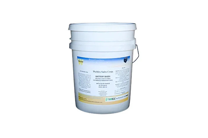 5-gallon bucket of industrial battery cleaner and neutralizer with product label