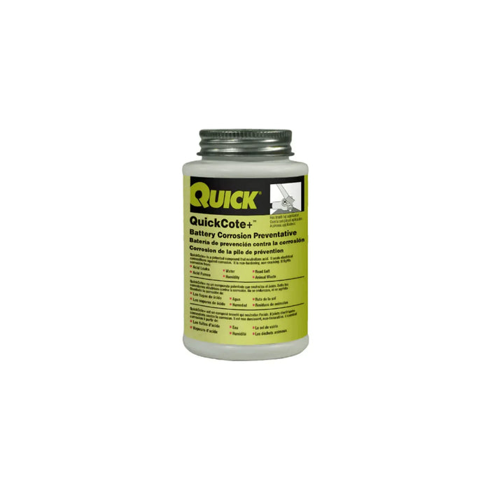QuickCote battery corrosion preventative brush-on jar with yellow label and metal lid