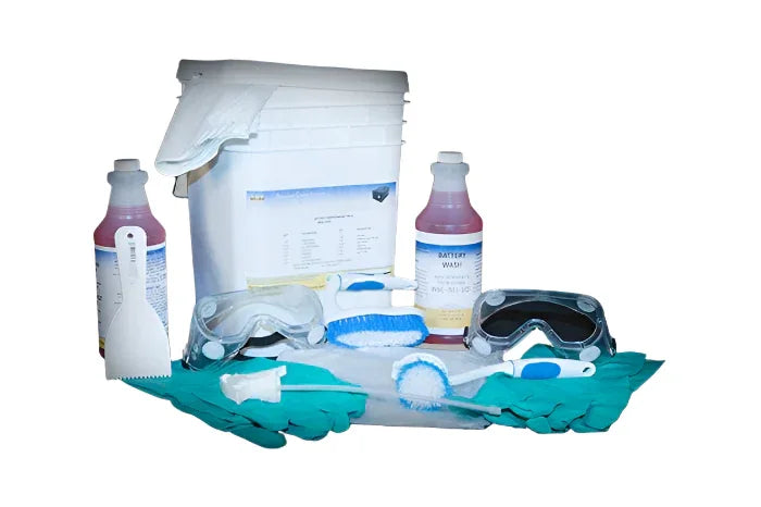 Battery maintenance kit with gloves, brushes, goggles, cleaning bottles, and scraper