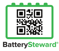 Battery Steward label with QR code inside green battery icon outline
