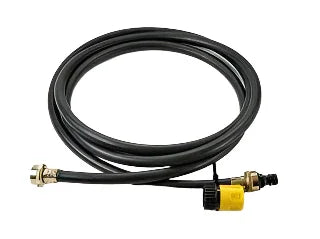 black bladder tank input hose with metal fittings and yellow valve, coiled on white background