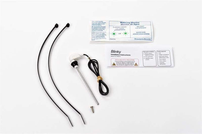Blinky battery watering monitor kit with sensor probe, zip ties, screw, and instructions on white background