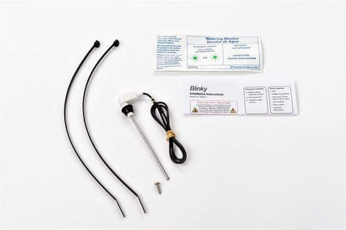 Blinky battery watering monitor kit with sensor probe, zip ties, screw, and instructions on white background