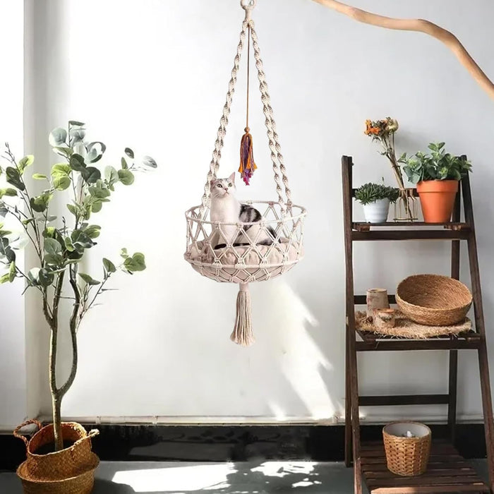 Boho Cat Hammock | Hanging Macrame Bed – Cozy Indoor Swing Rest