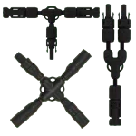 Black plastic branch interconnect connectors for power or electrical wiring